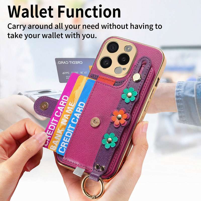 For iPhone 15 Stereoscopic Flowers Wristband Card Bag Phone Case(Purple)