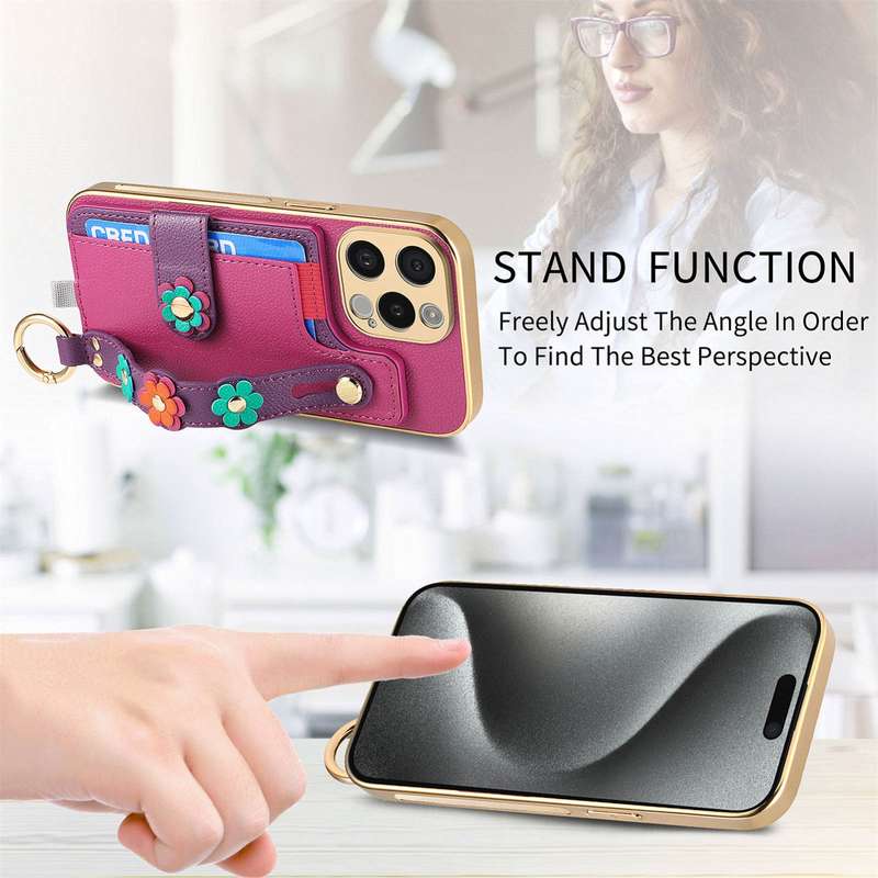 For iPhone 15 Stereoscopic Flowers Wristband Card Bag Phone Case(Purple)