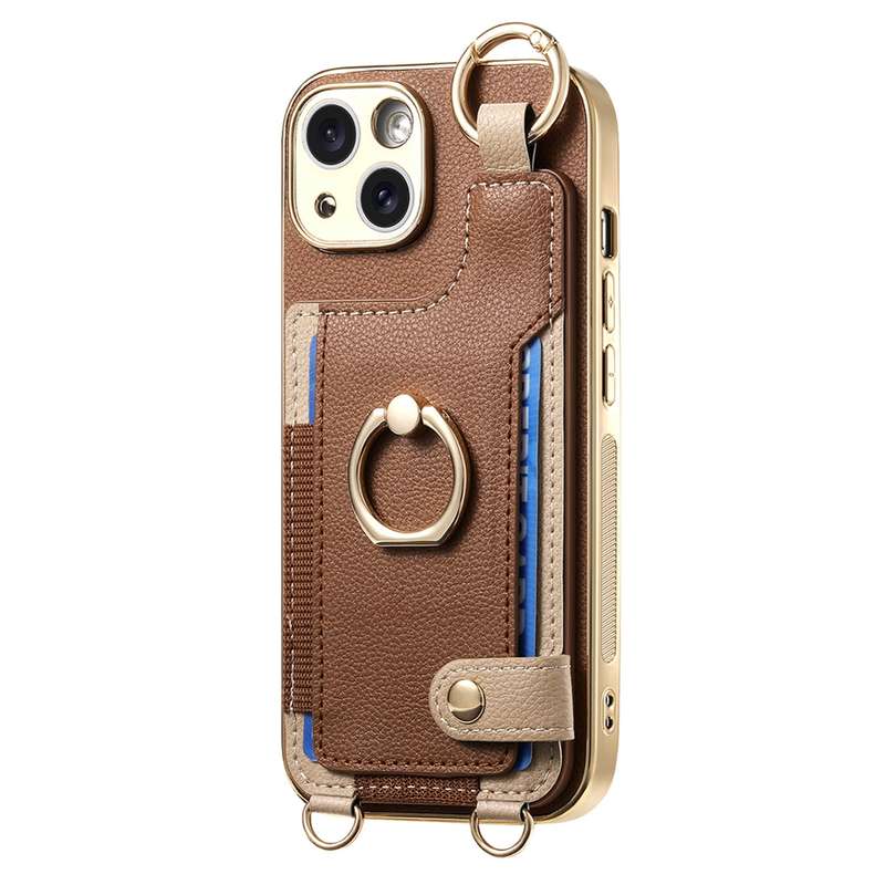 For iPhone 14 Fashion Ring Card Bag Phone Case with Hang Loop(Brown)
