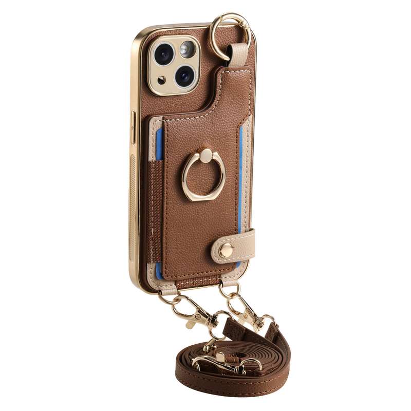 For iPhone 14 Fashion Ring Card Bag Phone Case with Hang Loop(Brown)