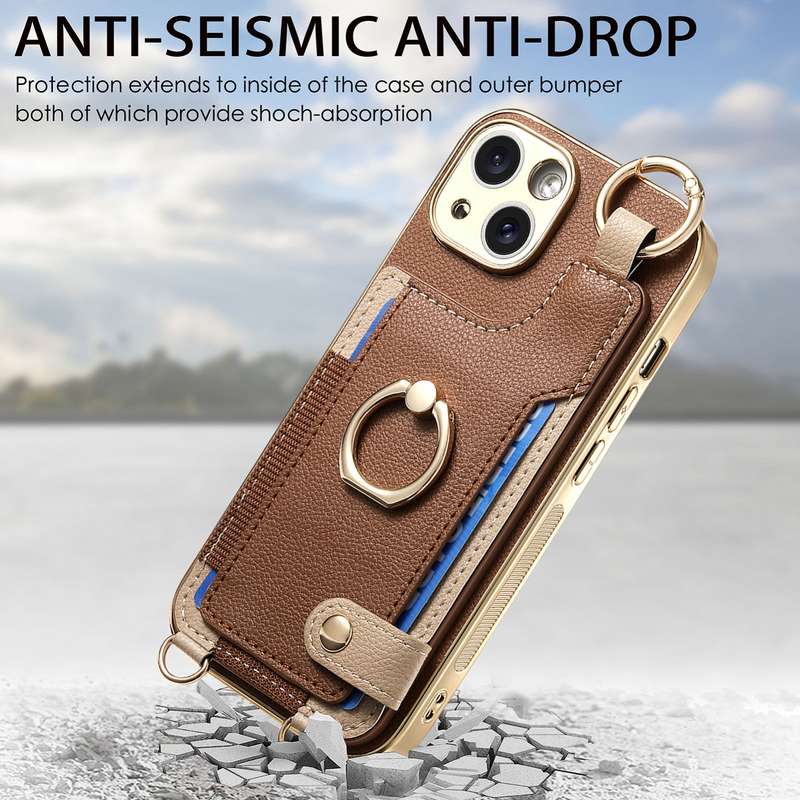 For iPhone 14 Fashion Ring Card Bag Phone Case with Hang Loop(Brown)