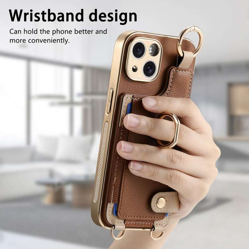For iPhone 14 Fashion Ring Card Bag Phone Case with Hang Loop(Brown)