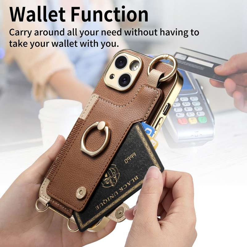 For iPhone 14 Fashion Ring Card Bag Phone Case with Hang Loop(Brown)