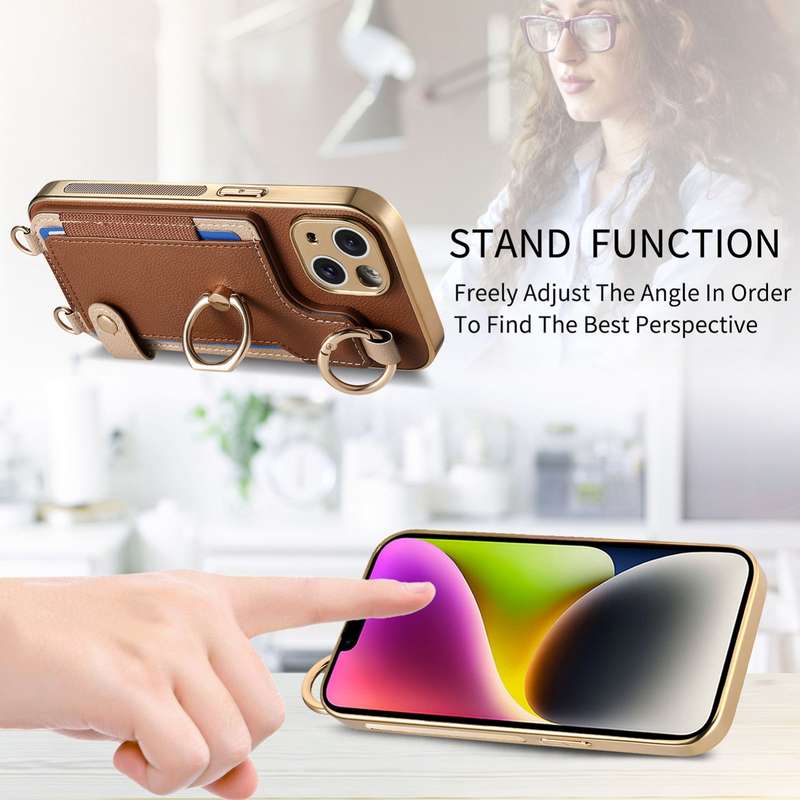 For iPhone 14 Fashion Ring Card Bag Phone Case with Hang Loop(Brown)