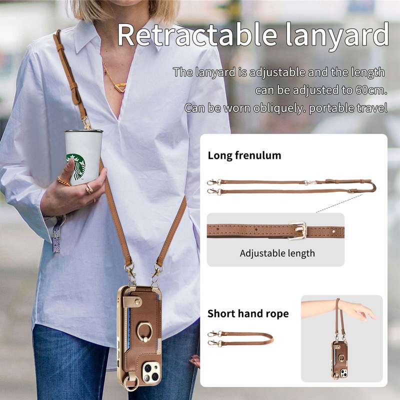 For iPhone 14 Pro Max Fashion Ring Card Bag Phone Case with Hang Loop(Brown)