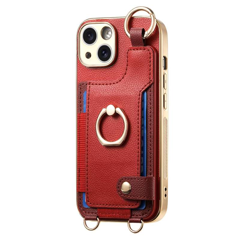 For iPhone 13 Pro Max Fashion Ring Card Bag Phone Case with Hang Loop(Red)