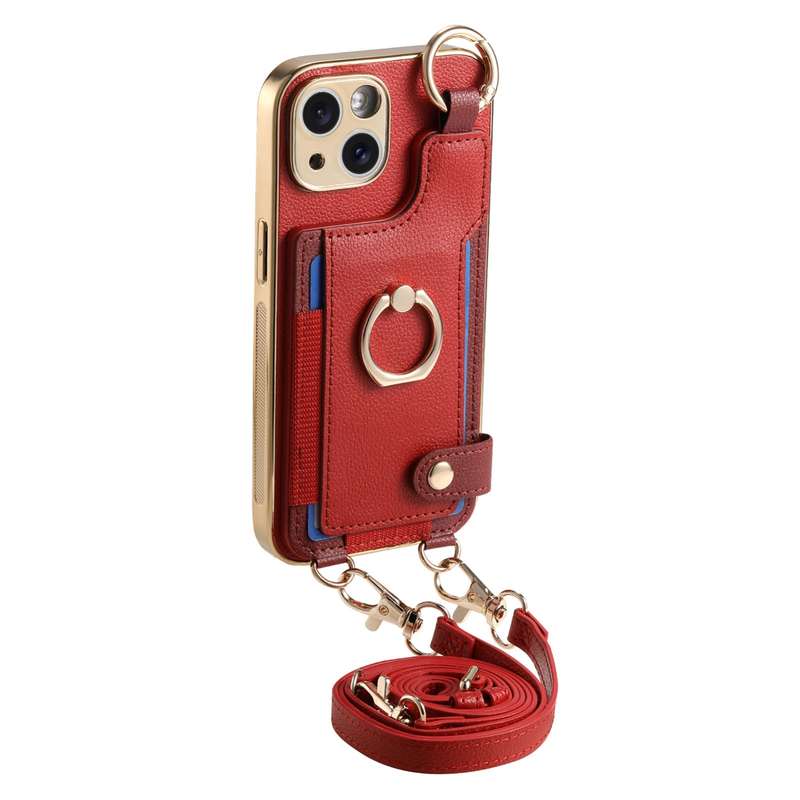 For iPhone 13 Pro Max Fashion Ring Card Bag Phone Case with Hang Loop(Red)
