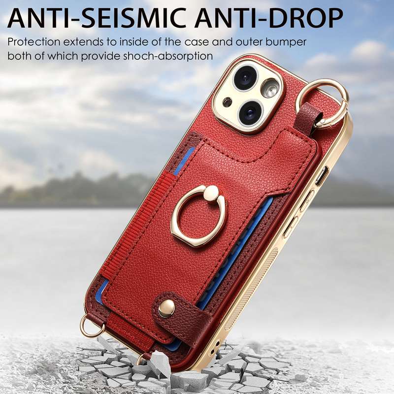 For iPhone 13 Pro Max Fashion Ring Card Bag Phone Case with Hang Loop(Red)