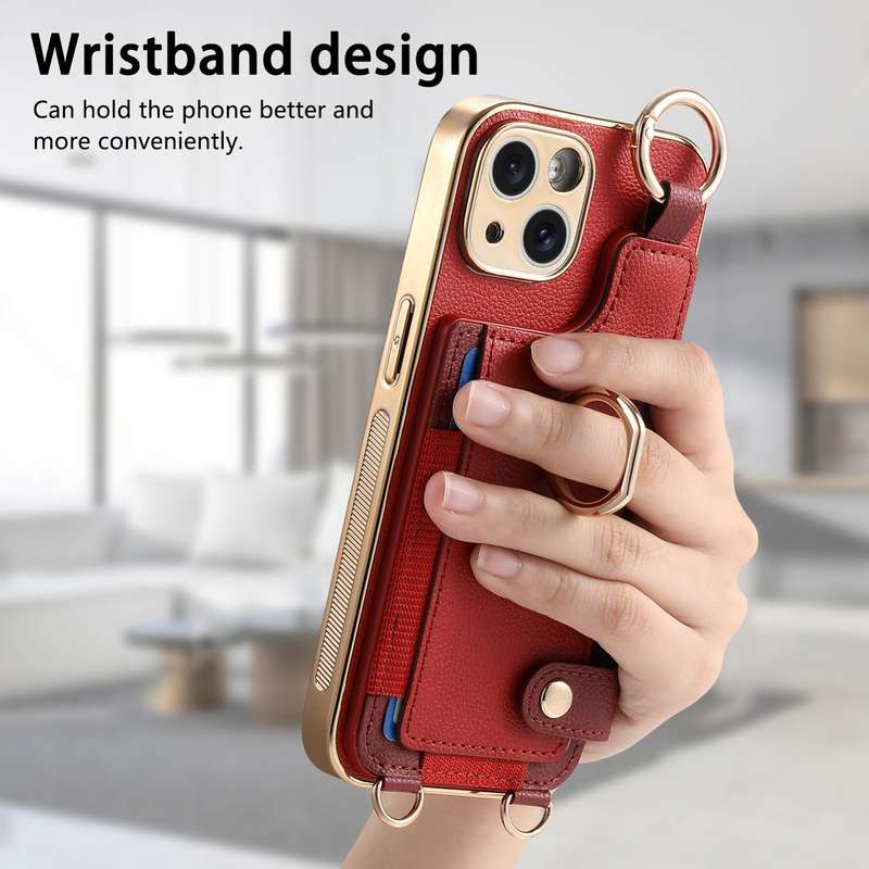 For iPhone 13 Pro Max Fashion Ring Card Bag Phone Case with Hang Loop(Red)