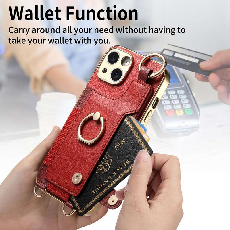 For iPhone 13 Pro Max Fashion Ring Card Bag Phone Case with Hang Loop(Red)