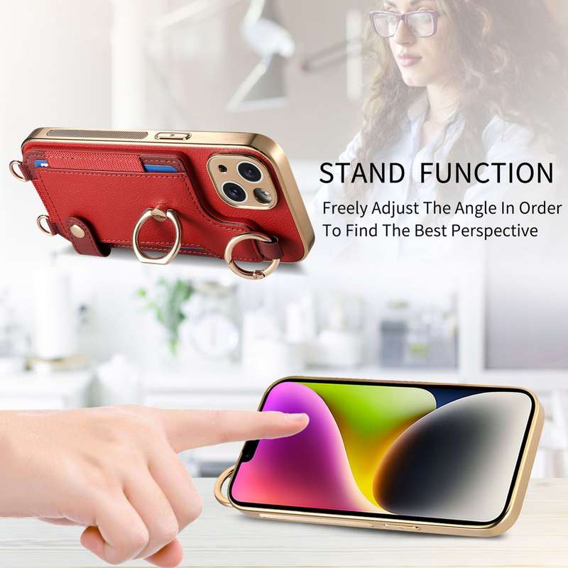 For iPhone 13 Pro Max Fashion Ring Card Bag Phone Case with Hang Loop(Red)