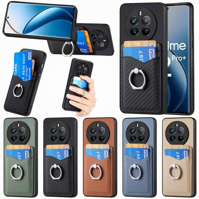 For Realme 12 Pro+ Carbon fiber Card Wallet Ring Phone Case(Green)