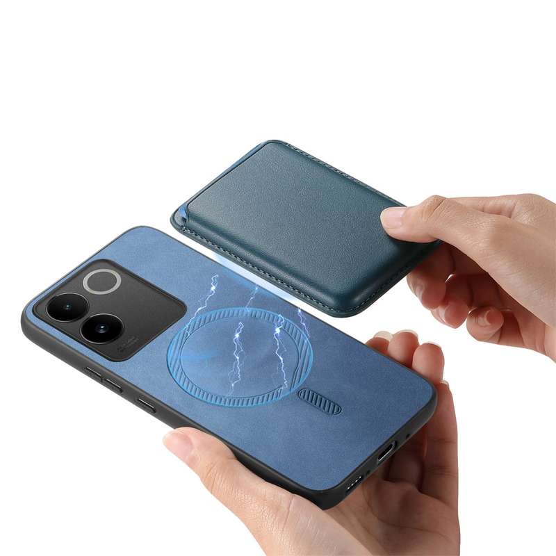 For vivo iQOO 12 Pro 5G Retro Magsafe Card Bag PU Back Cover Phone Case(Blue)