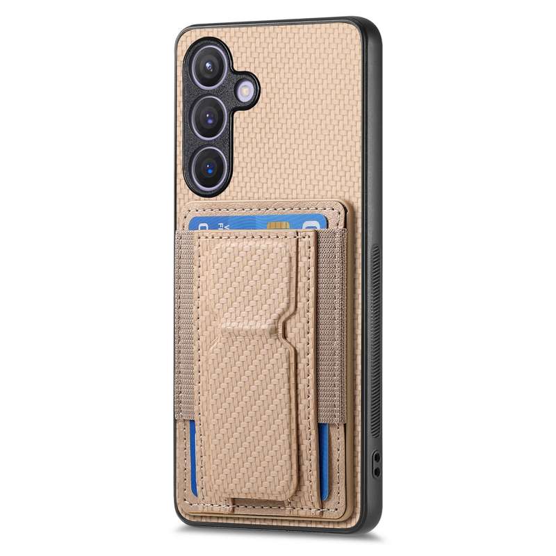 For Samsung Galaxy S24 5G Carbon Fiber Fold Stand Elastic Card Bag Phone Case(Khaki)