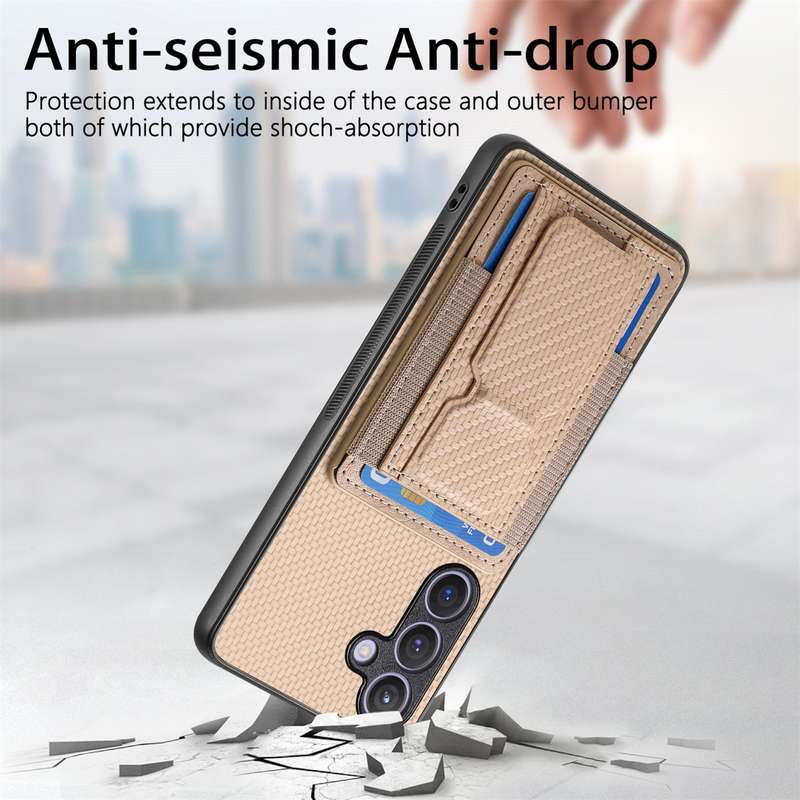 For Samsung Galaxy S24 5G Carbon Fiber Fold Stand Elastic Card Bag Phone Case(Khaki)