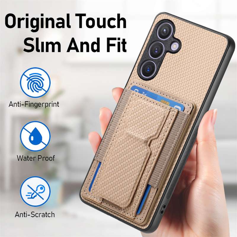 For Samsung Galaxy S24 5G Carbon Fiber Fold Stand Elastic Card Bag Phone Case(Khaki)