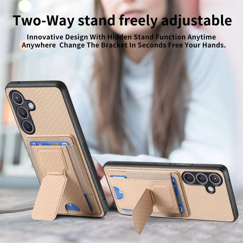 For Samsung Galaxy S24 5G Carbon Fiber Fold Stand Elastic Card Bag Phone Case(Khaki)