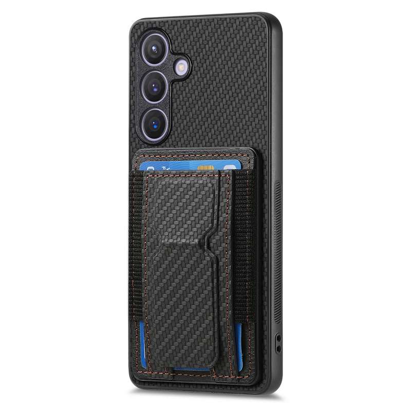 For Samsung Galaxy S22+ 5G Carbon Fiber Fold Stand Elastic Card Bag Phone Case(Black)