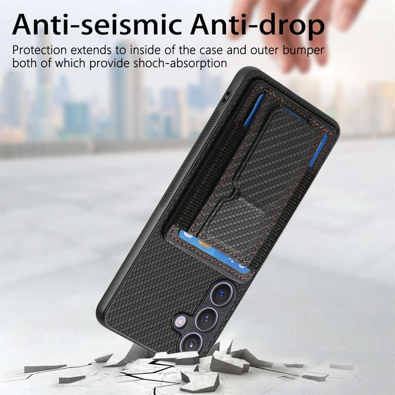 For Samsung Galaxy S22+ 5G Carbon Fiber Fold Stand Elastic Card Bag Phone Case(Black)