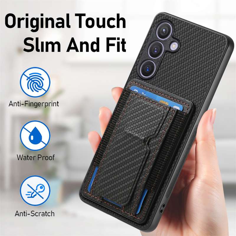 For Samsung Galaxy S22+ 5G Carbon Fiber Fold Stand Elastic Card Bag Phone Case(Black)