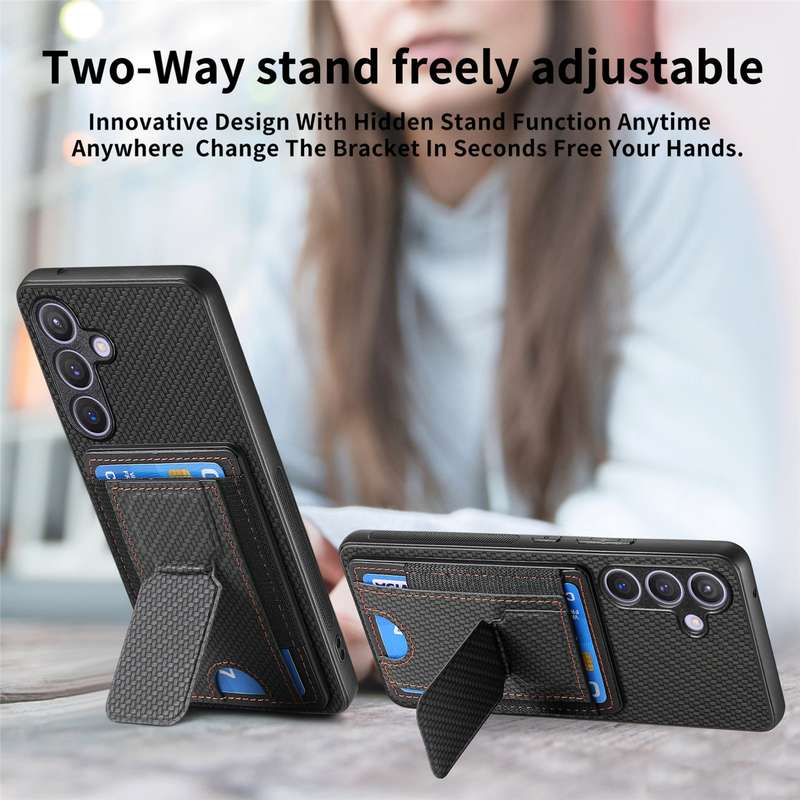 For Samsung Galaxy S22+ 5G Carbon Fiber Fold Stand Elastic Card Bag Phone Case(Black)