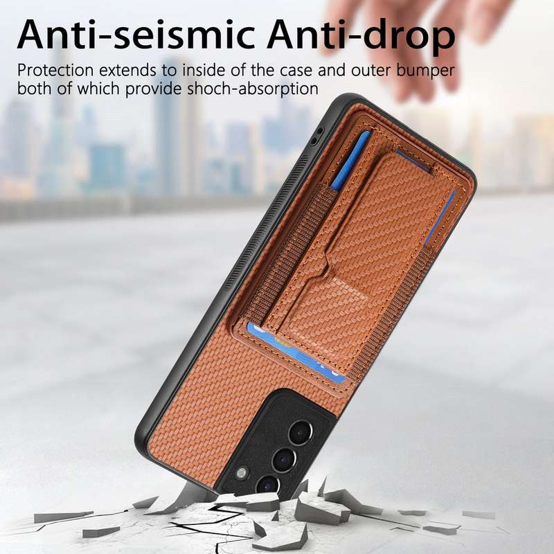 For Samsung Galaxy S21 5G Carbon Fiber Fold Stand Elastic Card Bag Phone Case(Brown)