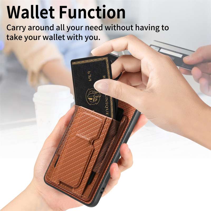 For Samsung Galaxy S21 5G Carbon Fiber Fold Stand Elastic Card Bag Phone Case(Brown)