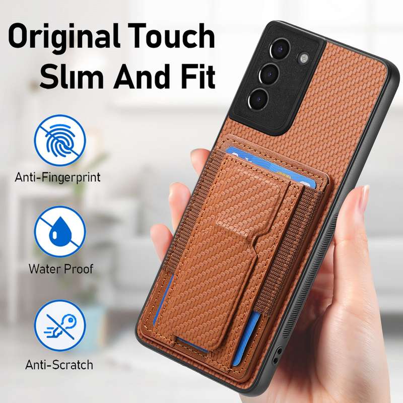 For Samsung Galaxy S21 5G Carbon Fiber Fold Stand Elastic Card Bag Phone Case(Brown)