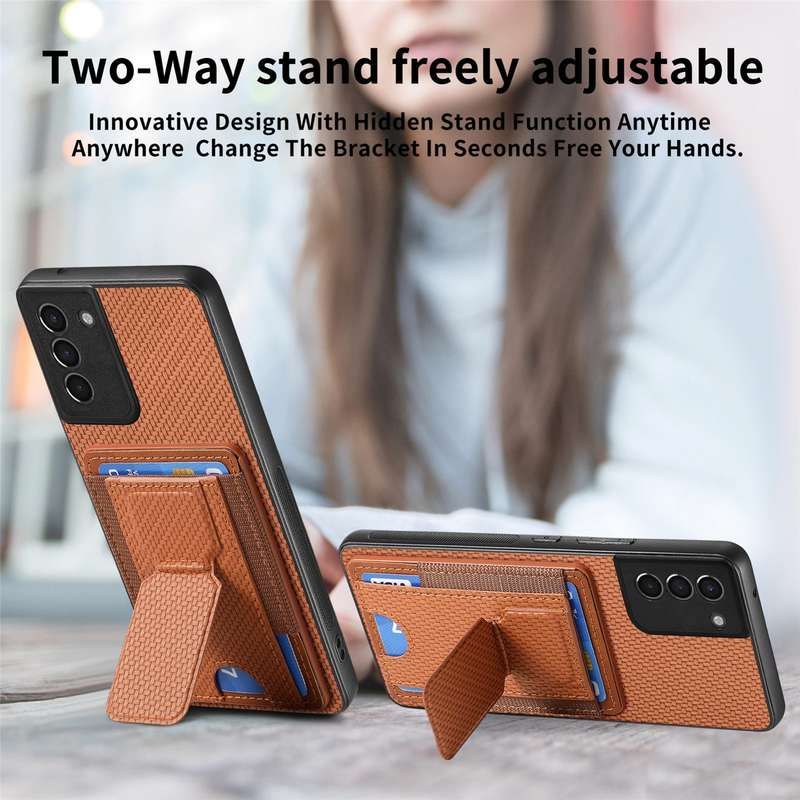 For Samsung Galaxy S21 5G Carbon Fiber Fold Stand Elastic Card Bag Phone Case(Brown)