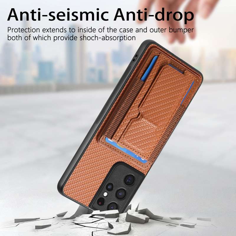 For Samsung Galaxy S21 Ultra 5G Carbon Fiber Fold Stand Elastic Card Bag Phone Case(Brown)
