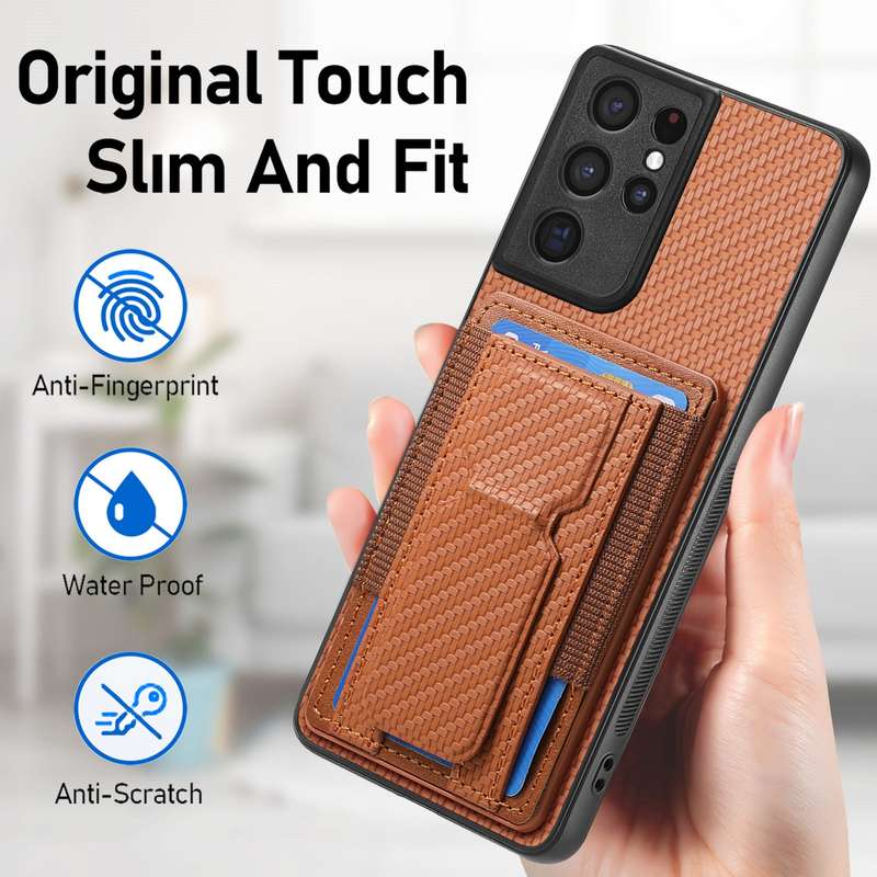 For Samsung Galaxy S21 Ultra 5G Carbon Fiber Fold Stand Elastic Card Bag Phone Case(Brown)