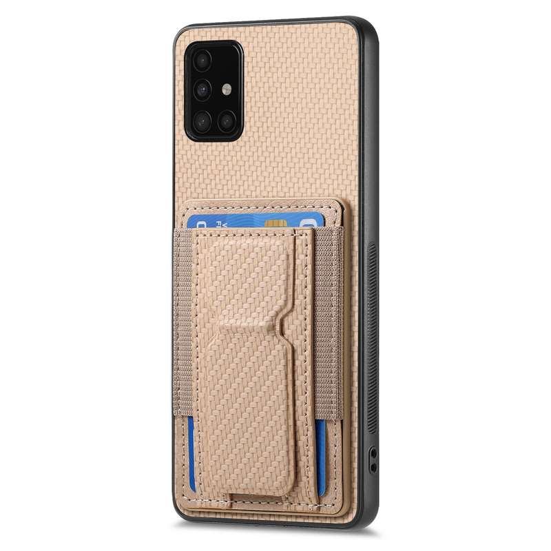 For Samsung Galaxy A51 4G Carbon Fiber Fold Stand Elastic Card Bag Phone Case(Khaki)