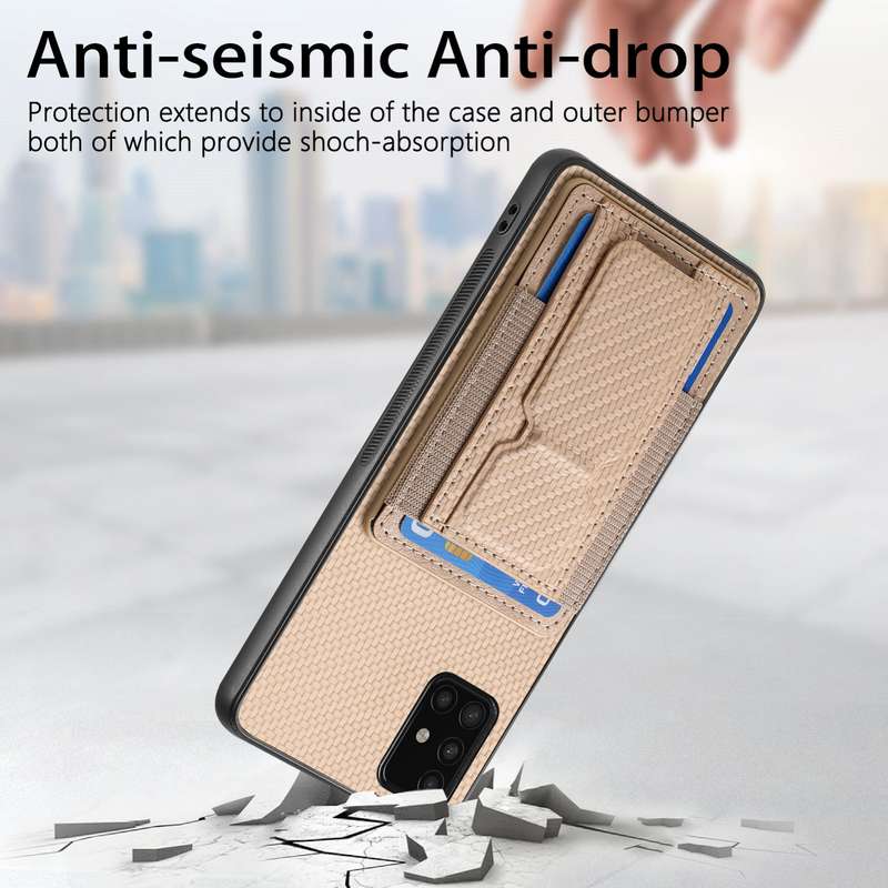 For Samsung Galaxy A51 4G Carbon Fiber Fold Stand Elastic Card Bag Phone Case(Khaki)