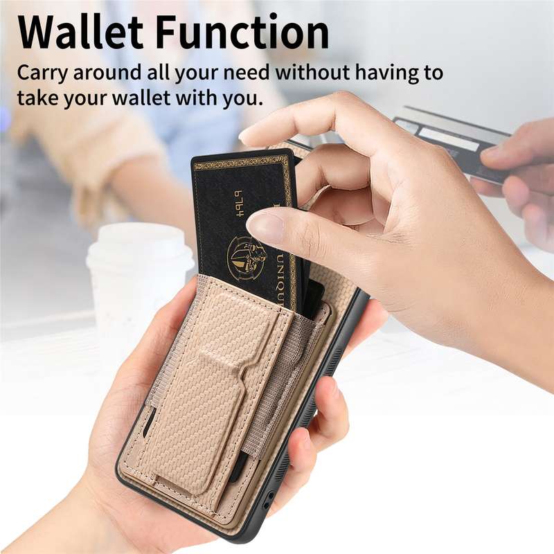 For Samsung Galaxy A51 4G Carbon Fiber Fold Stand Elastic Card Bag Phone Case(Khaki)