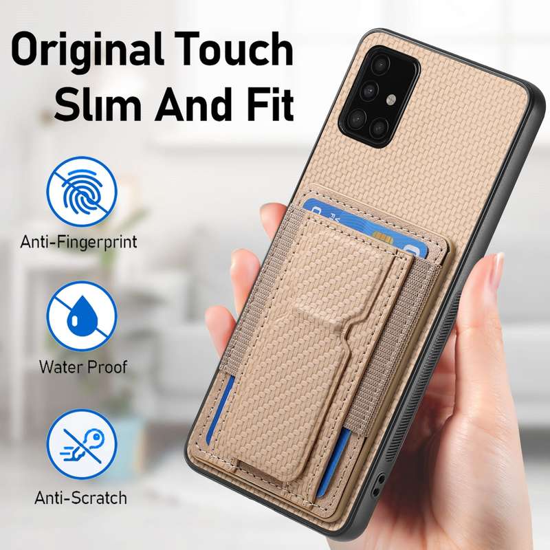 For Samsung Galaxy A51 4G Carbon Fiber Fold Stand Elastic Card Bag Phone Case(Khaki)