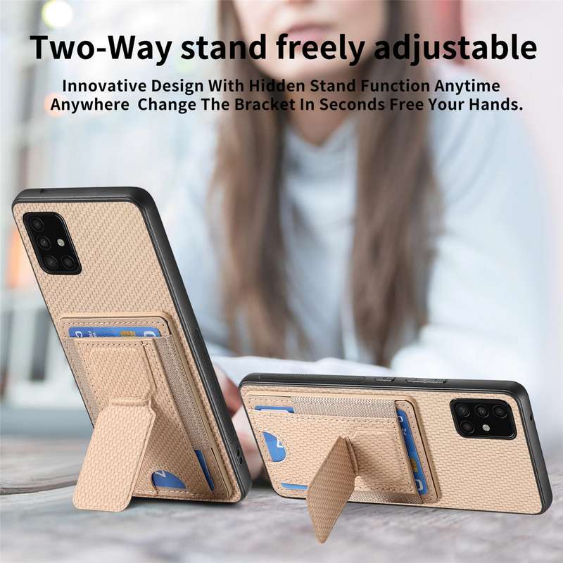 For Samsung Galaxy A51 4G Carbon Fiber Fold Stand Elastic Card Bag Phone Case(Khaki)