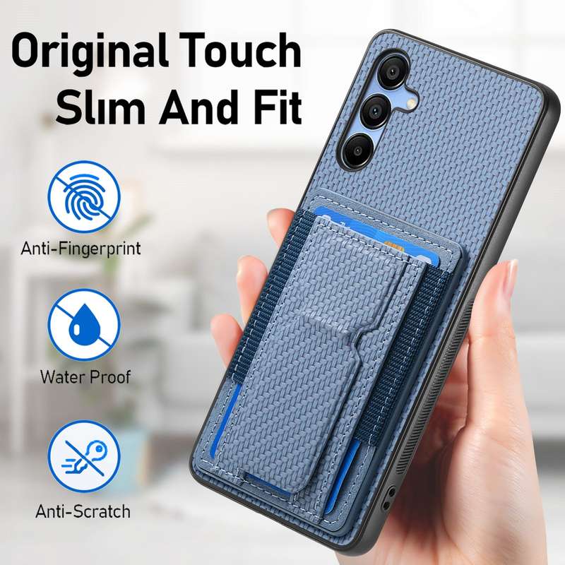 For Samsung Galaxy A23 Carbon Fiber Fold Stand Elastic Card Bag Phone Case(Blue)