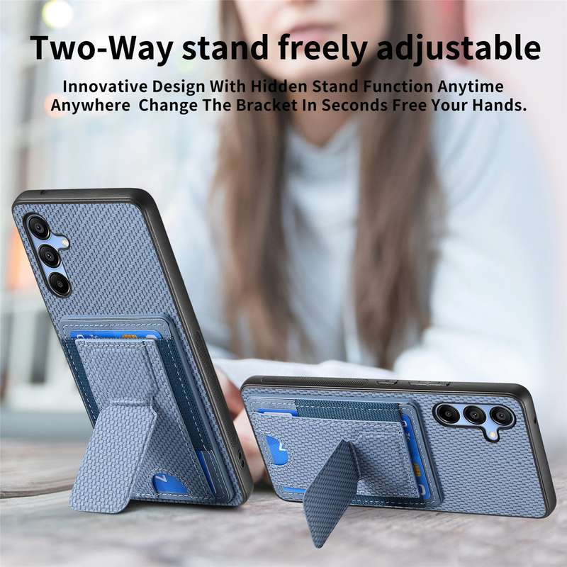 For Samsung Galaxy A23 Carbon Fiber Fold Stand Elastic Card Bag Phone Case(Blue)