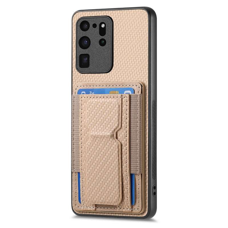 For Samsung Galaxy S20 Ultra Carbon Fiber Fold Stand Elastic Card Bag Phone Case(Khaki)