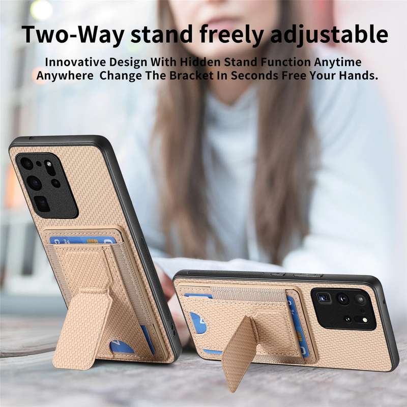 For Samsung Galaxy S20 Ultra Carbon Fiber Fold Stand Elastic Card Bag Phone Case(Khaki)