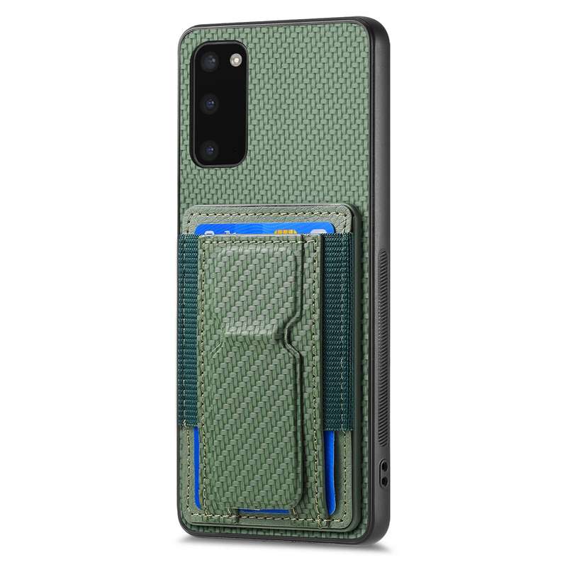 For Samsung Galaxy S20 Carbon Fiber Fold Stand Elastic Card Bag Phone Case(Green)