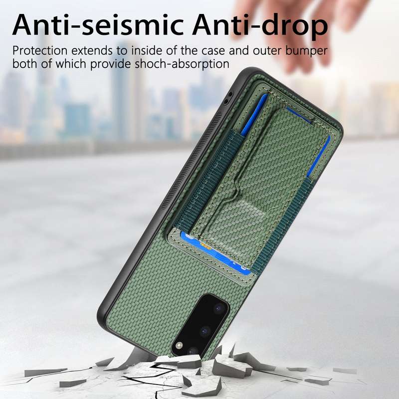 For Samsung Galaxy S20 Carbon Fiber Fold Stand Elastic Card Bag Phone Case(Green)