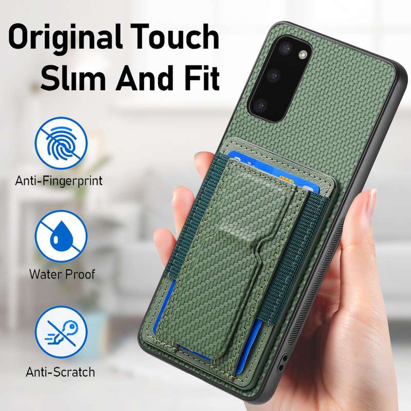 For Samsung Galaxy S20 Carbon Fiber Fold Stand Elastic Card Bag Phone Case(Green)