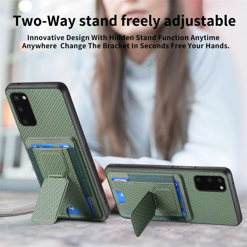 For Samsung Galaxy S20 Carbon Fiber Fold Stand Elastic Card Bag Phone Case(Green)