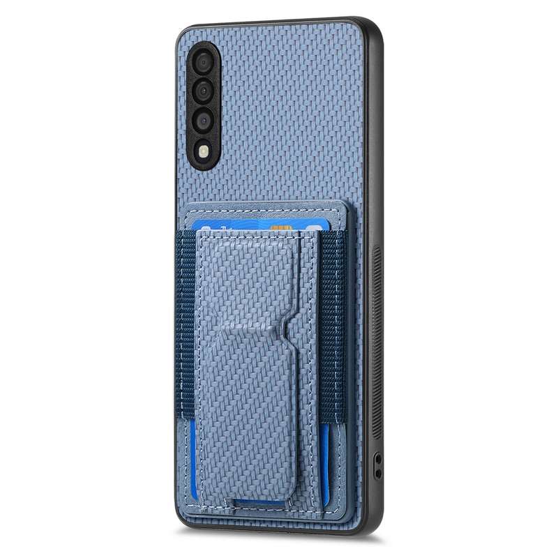 For Samsung Galaxy A70 / A70s Carbon Fiber Fold Stand Elastic Card Bag Phone Case(Blue)