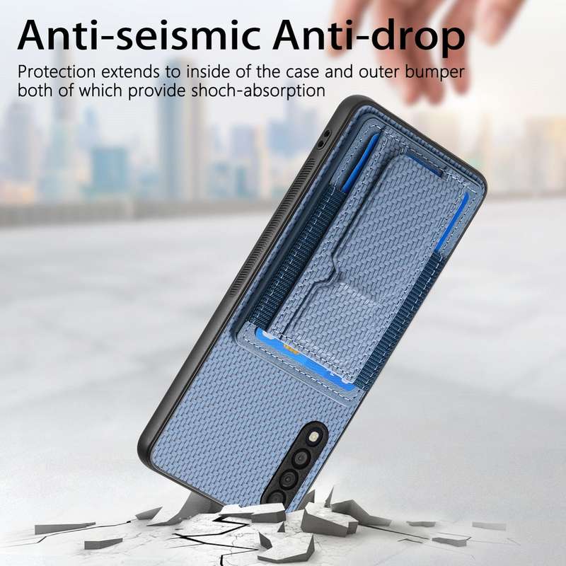 For Samsung Galaxy A70 / A70s Carbon Fiber Fold Stand Elastic Card Bag Phone Case(Blue)