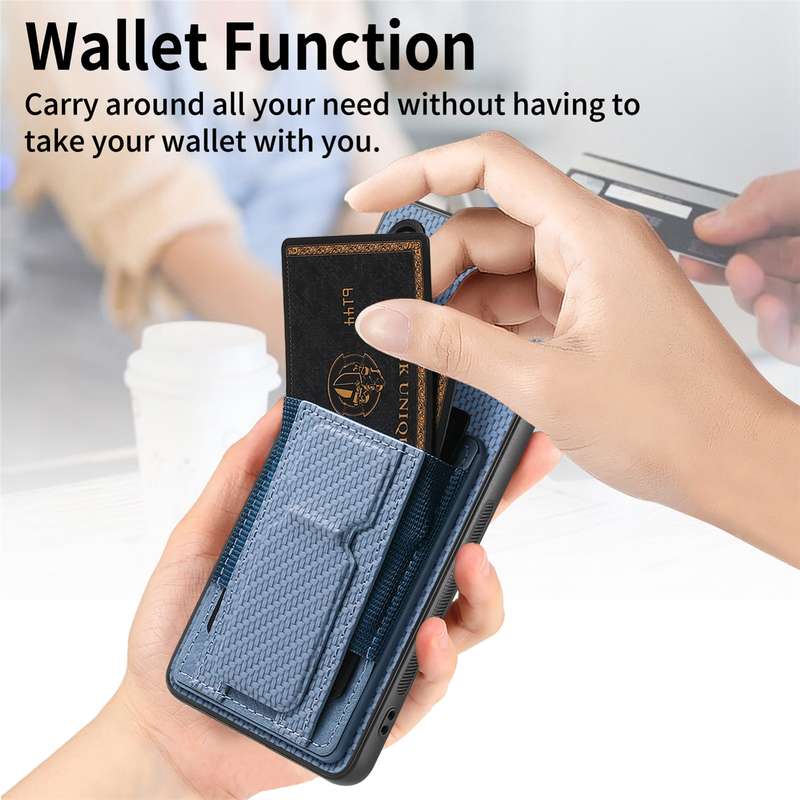 For Samsung Galaxy A70 / A70s Carbon Fiber Fold Stand Elastic Card Bag Phone Case(Blue)