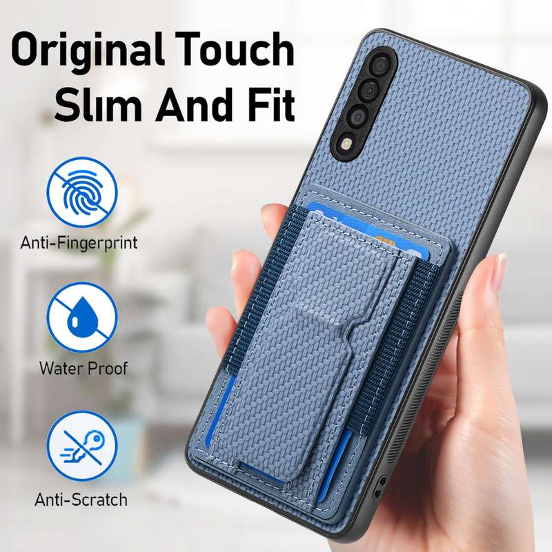 For Samsung Galaxy A70 / A70s Carbon Fiber Fold Stand Elastic Card Bag Phone Case(Blue)