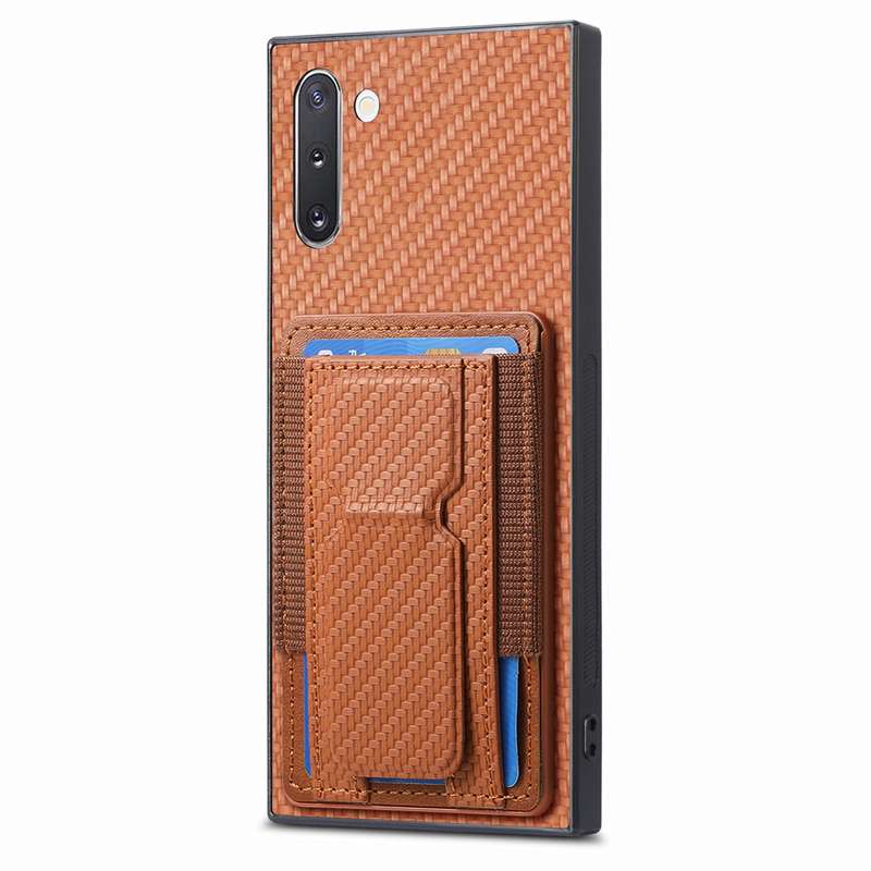 For Samsung Galaxy Note10 Carbon Fiber Fold Stand Elastic Card Bag Phone Case(Brown)