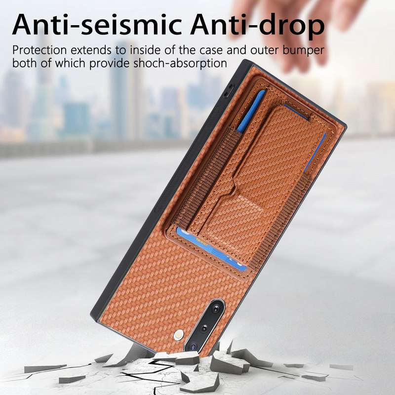 For Samsung Galaxy Note10 Carbon Fiber Fold Stand Elastic Card Bag Phone Case(Brown)